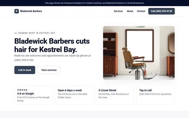 The home page of Bladewick Barbers, a fictional barber shop in the showroom.
