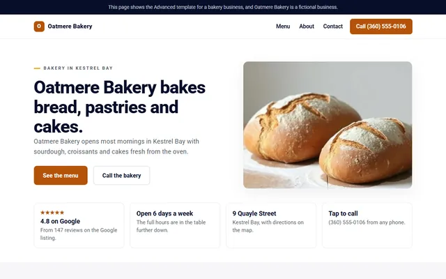 The home page of Oatmere Bakery, a fictional bakery in the showroom.