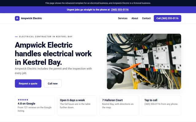 The home page of Ampwick Electric, a fictional electrician in the showroom.