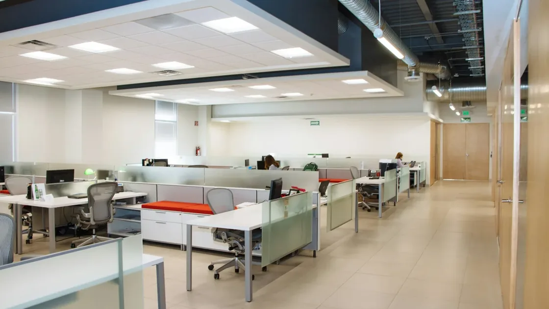 An open office with rows of desks