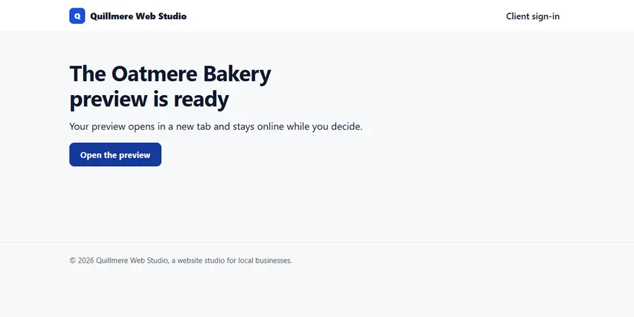 A client page that carries only the name of the web studio, showing that a preview is ready.