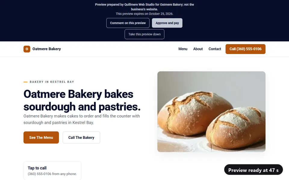 A recording of a real build: a storefront form for a fictional bakery is filled in, the preview builds, and the finished site opens 47 seconds after the request.