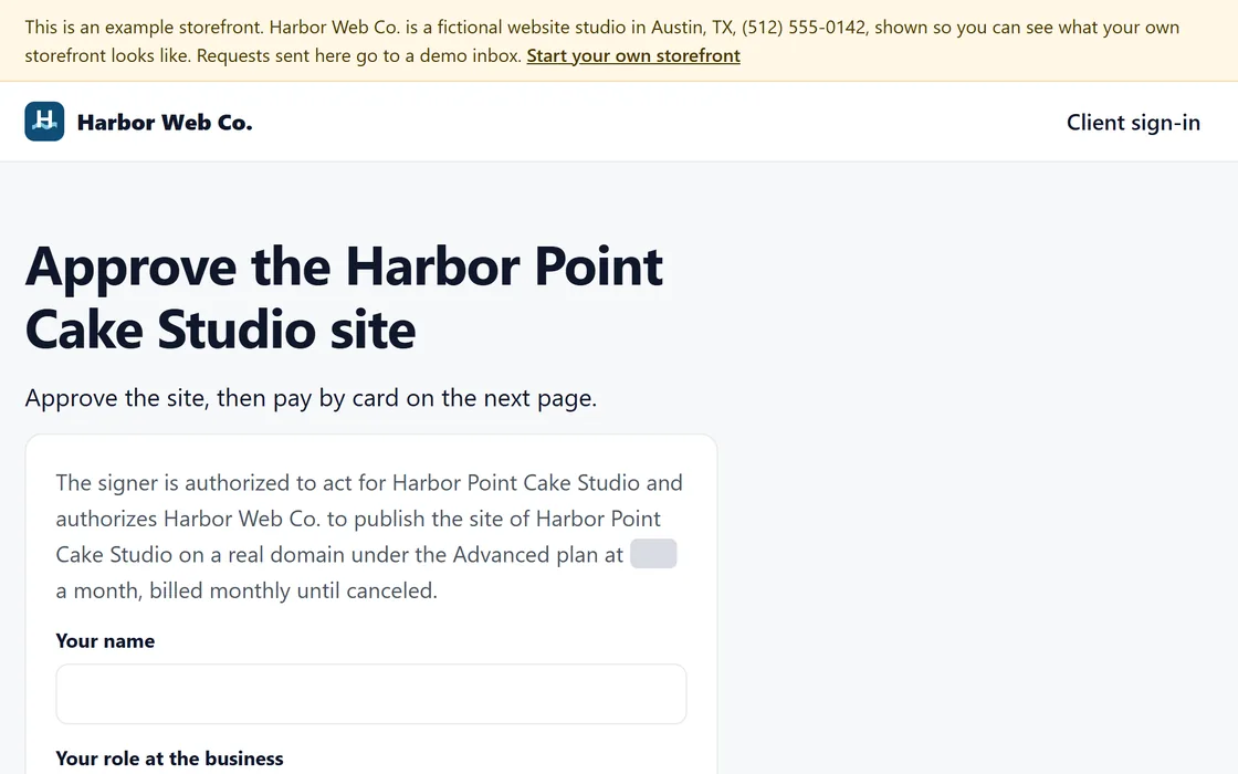 The Approve and pay page on a fictional web studio's storefront: the approval wording, the name, the role and the box.