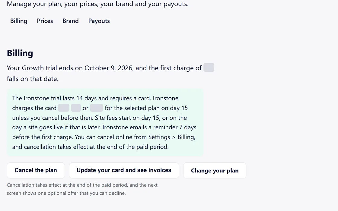Settings, Billing: the plan, the next charge date and the button to cancel the plan, where the amounts are covered.
