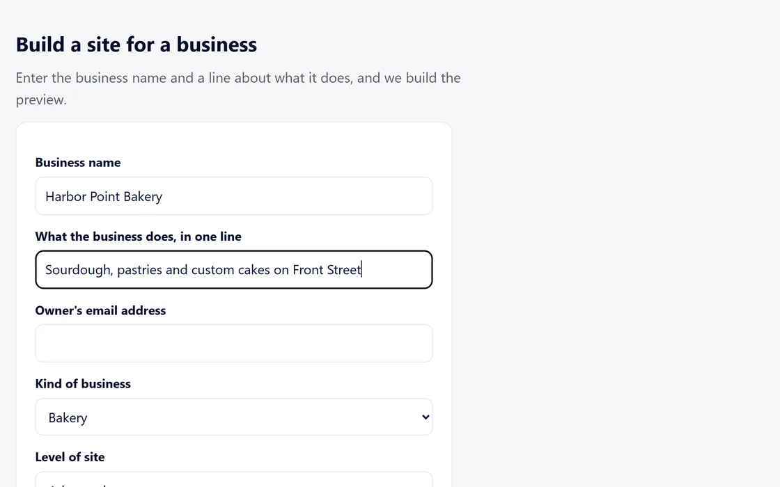 The form that builds a site: the business name, one line about it and the kind of business.