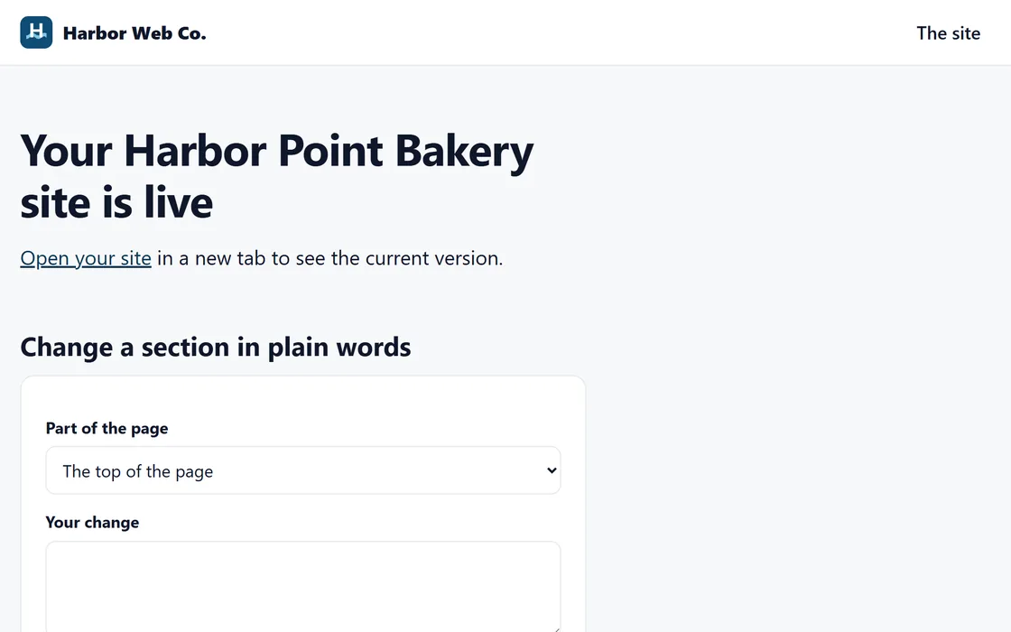 A client's login on a fictional web studio's storefront, where the business edits its site, connects its domain and manages its plan.