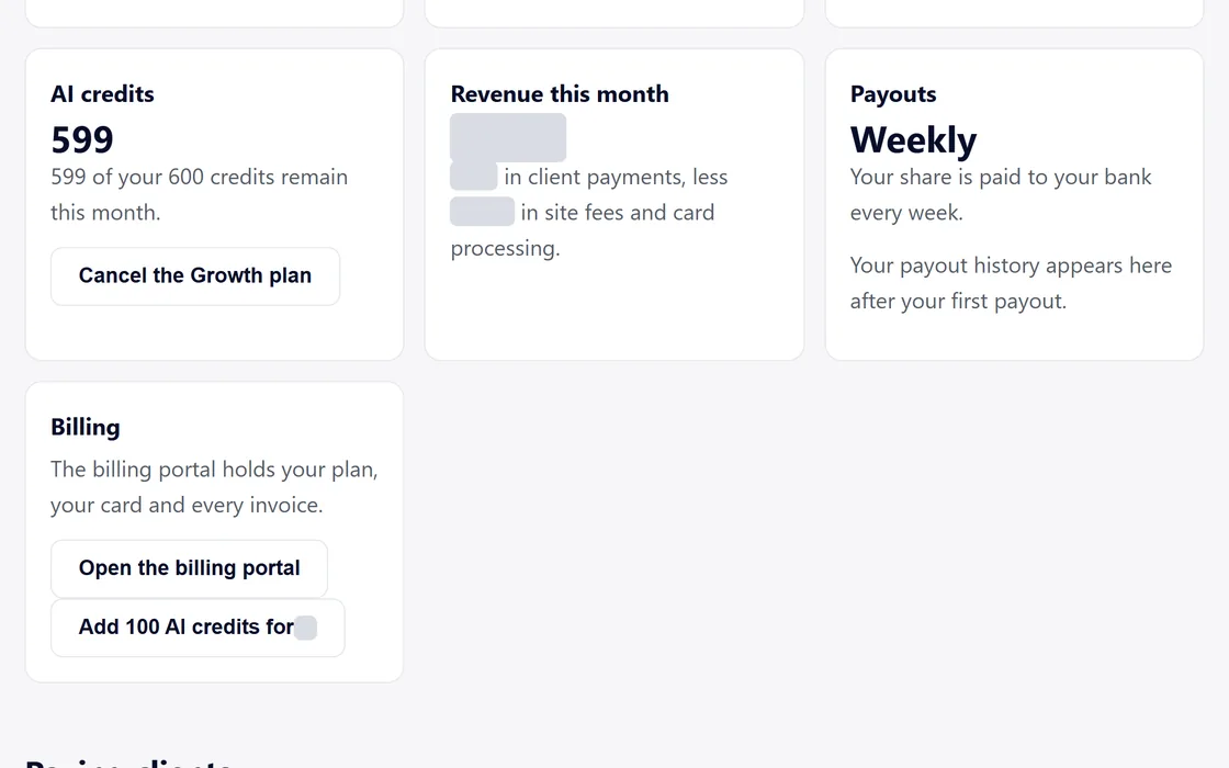 The dashboard's AI credits card, showing the credits left this month.