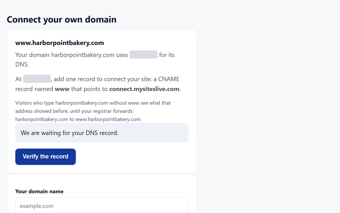 A domain awaiting its record: the one record the business adds at its domain provider, whose name is covered.