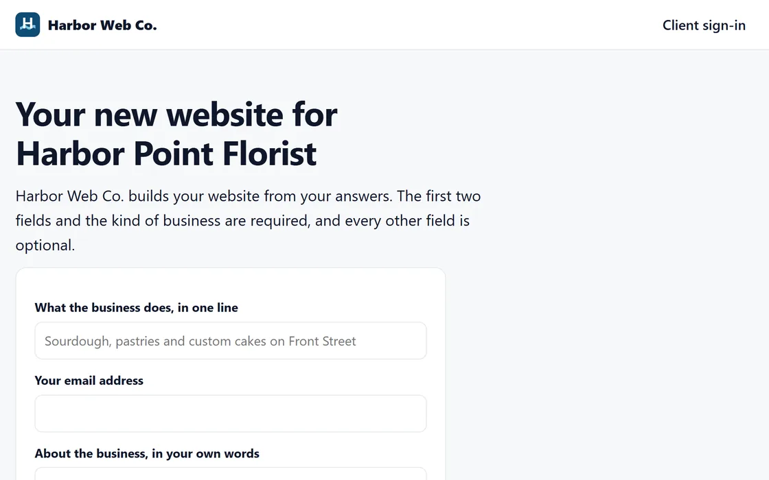 The intake form a business receives, under a fictional web studio's name: details, opening hours, services, a logo and photos.