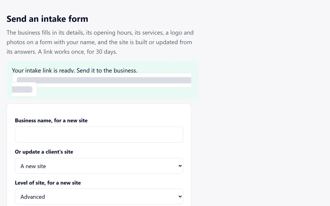 The dashboard section that makes an intake link for a new business or a client's site, where the links are covered.