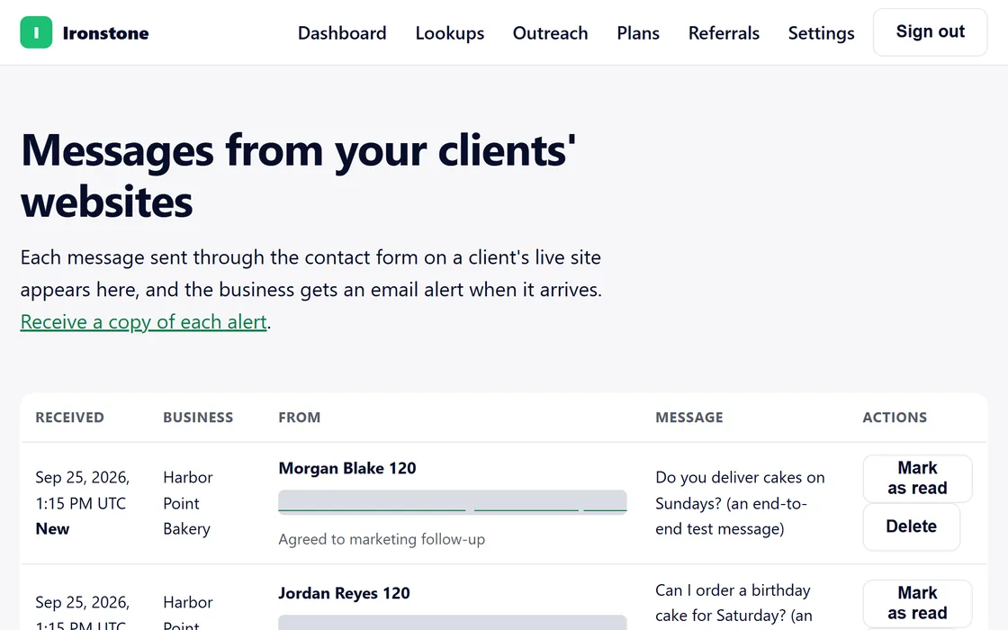The dashboard's inbox of messages from clients' websites, where each sender's email address and phone number are covered.