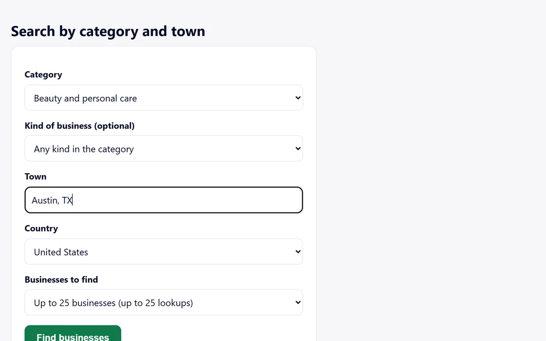 The business lookup search: a category, a town, the country and the number of businesses to find.