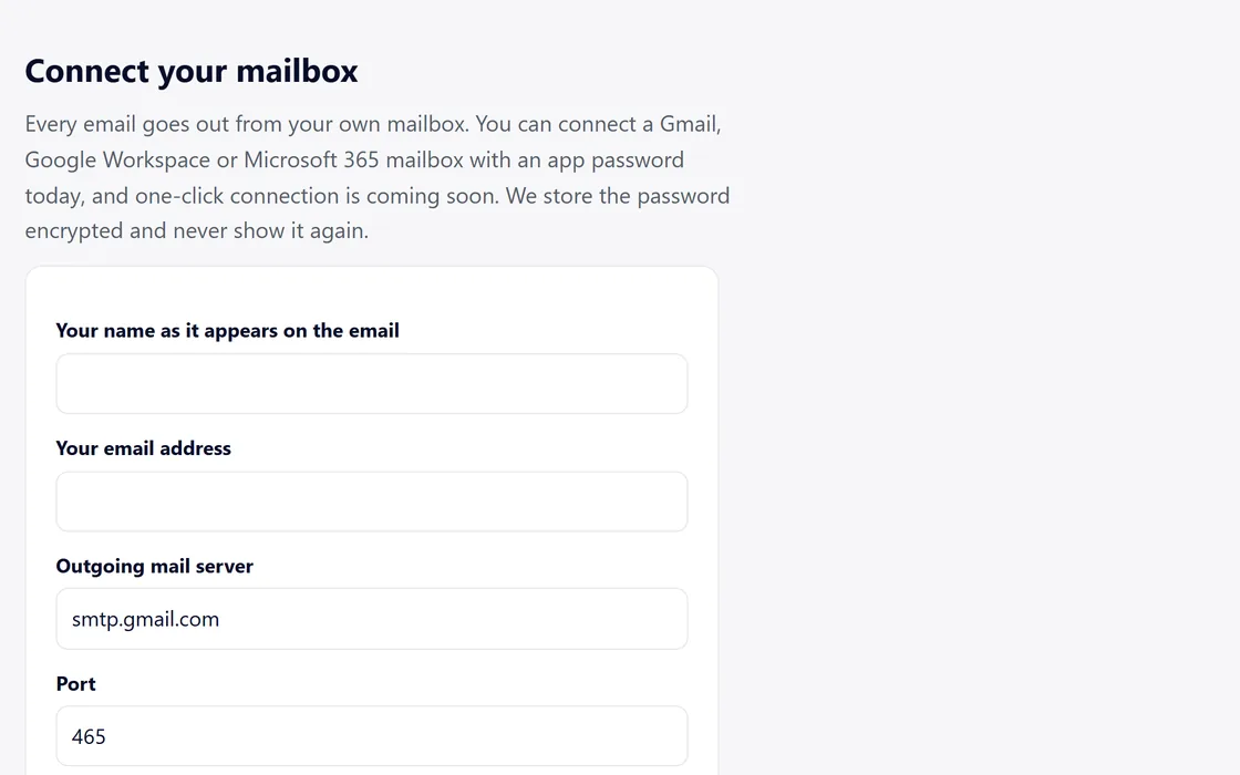 The outreach page's mailbox section, where a partner connects their own email account.