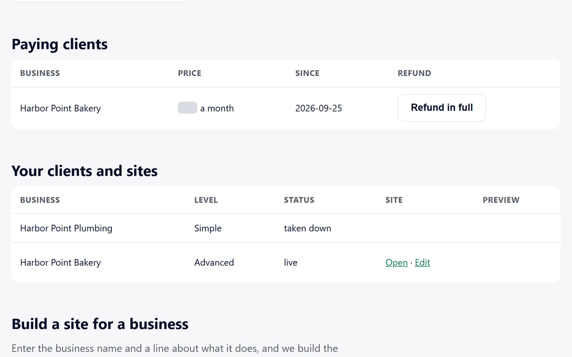 The dashboard list of paying clients, each with a refund button, where the prices are covered.