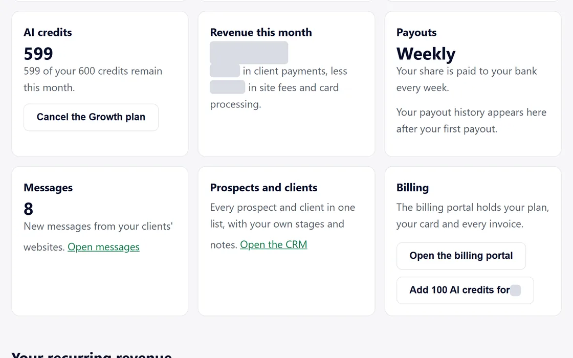 The dashboard's payouts: the payout schedule and the connected bank account, where the amounts are covered.