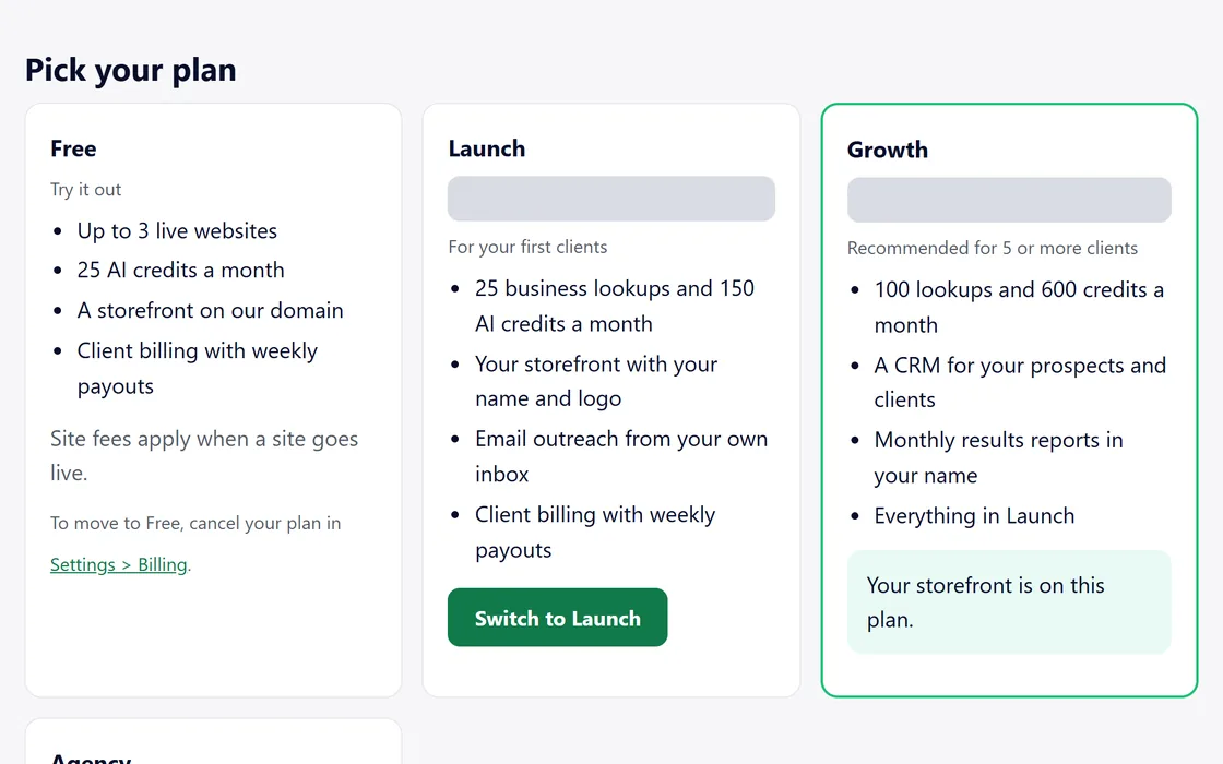 The plans page in the app, where a partner switches plans; the prices are covered.