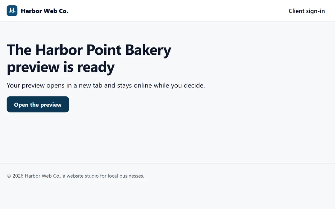 The page a business opens from a preview link, under the name of a fictional web studio.