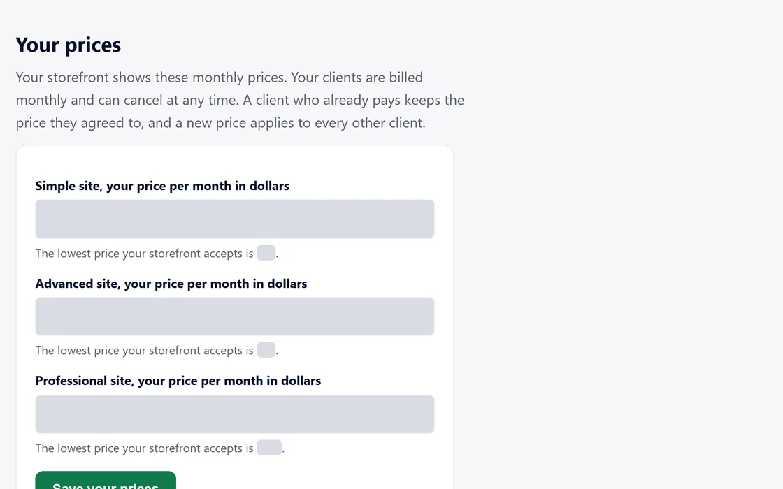 The prices you set for each level of site, where the amounts are covered.