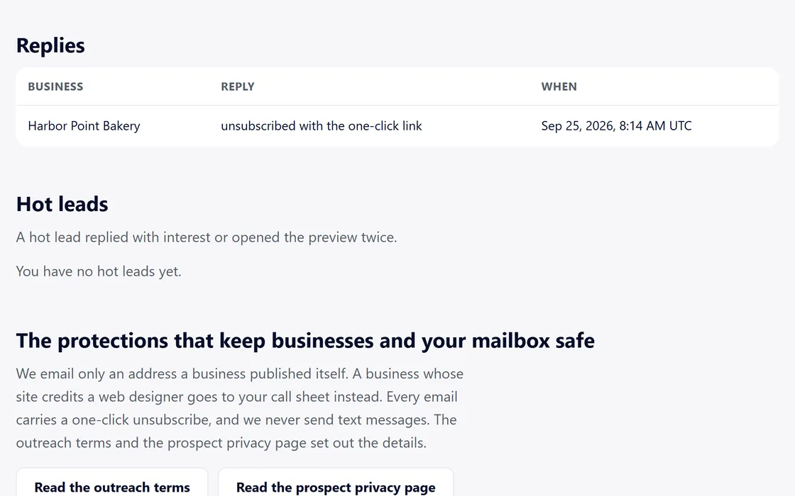 The outreach page's replies from businesses, where the addresses are covered.