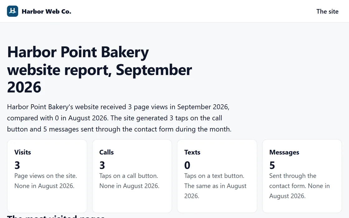 A monthly results report in a client's login, under a fictional web studio's name, with a short summary written from the numbers.