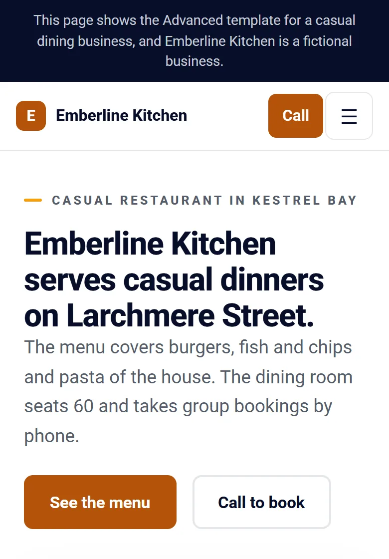 Emberline Kitchen, a fictional restaurant, on a phone: its name, a call button, a line about the menu and the dining room, and the buttons to see the menu and to call to book.