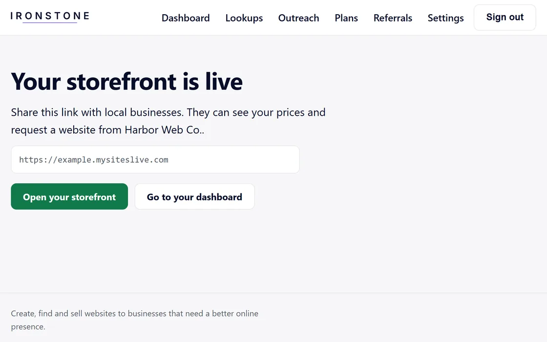 The page that shares a new storefront: its link and the ways to send it, under a fictional web studio's name.