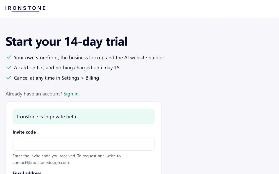 The trial page: the three lines, the invite code, the email field and the link to sign in.