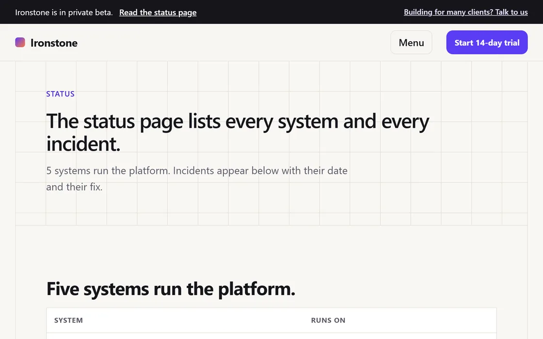 The Ironstone status page, listing every system.