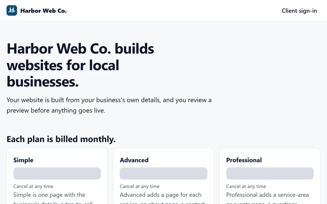 The storefront of Harbor Web Co., a fictional web studio, with its name, its logo and its three levels of site, where the prices are covered.