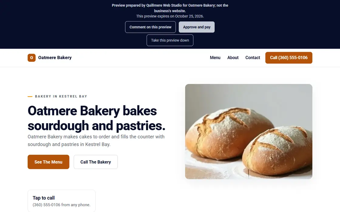 A finished website for a fictional bakery on a desktop screen.