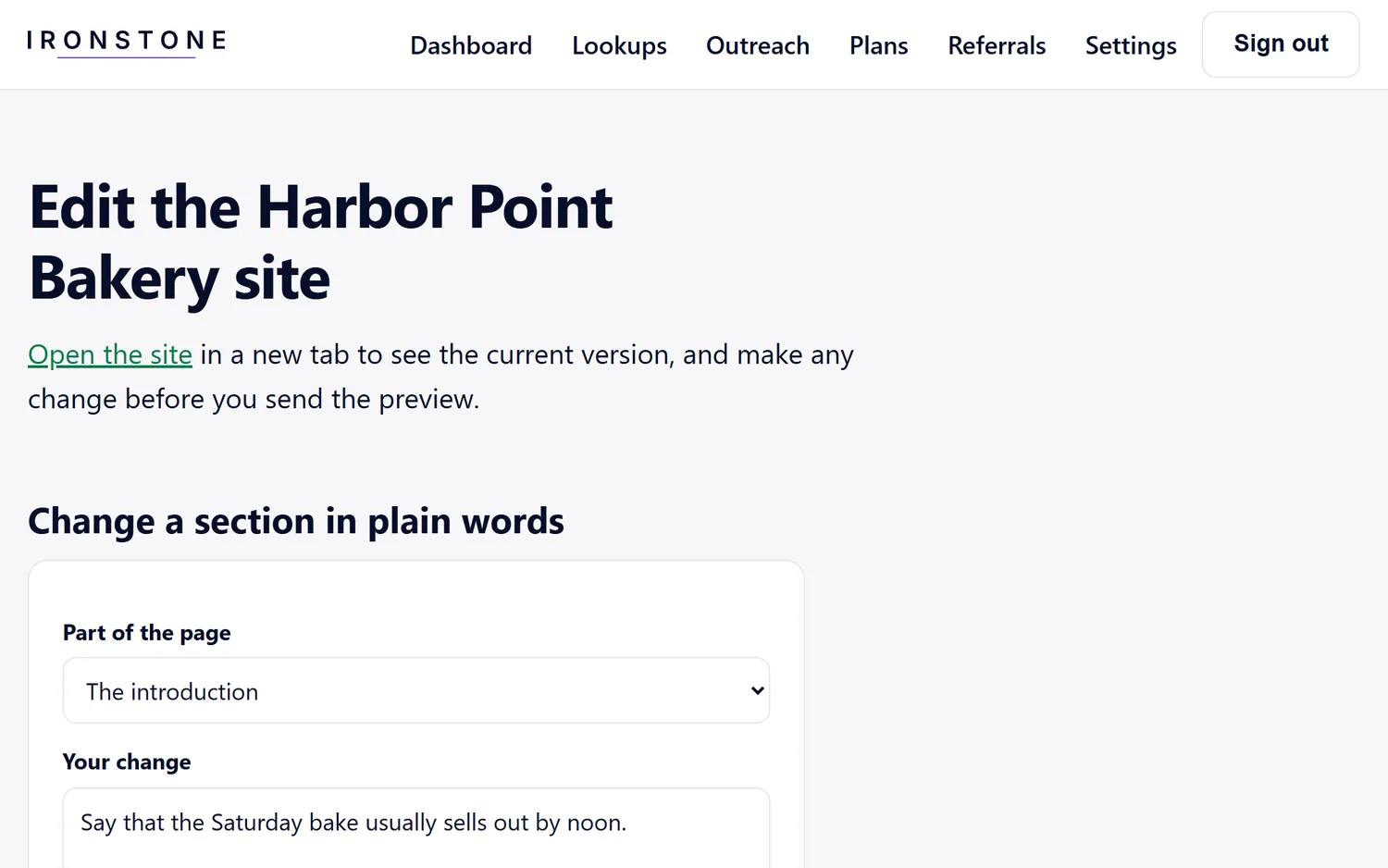 The editor for a fictional bakery's site, with a change to its introduction typed in plain words.