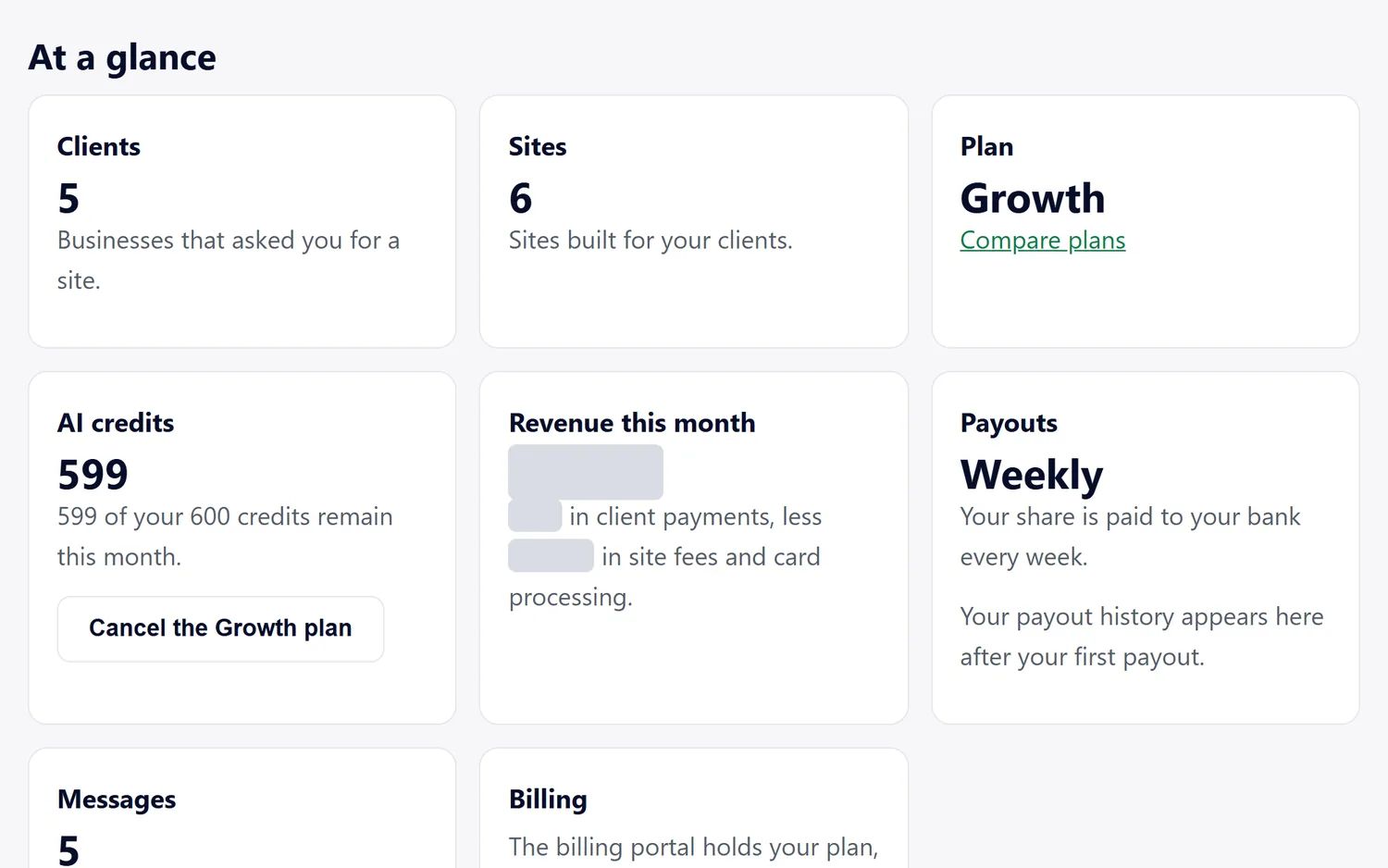 A dashboard with a test client payment, where the amounts are covered, and weekly payouts.