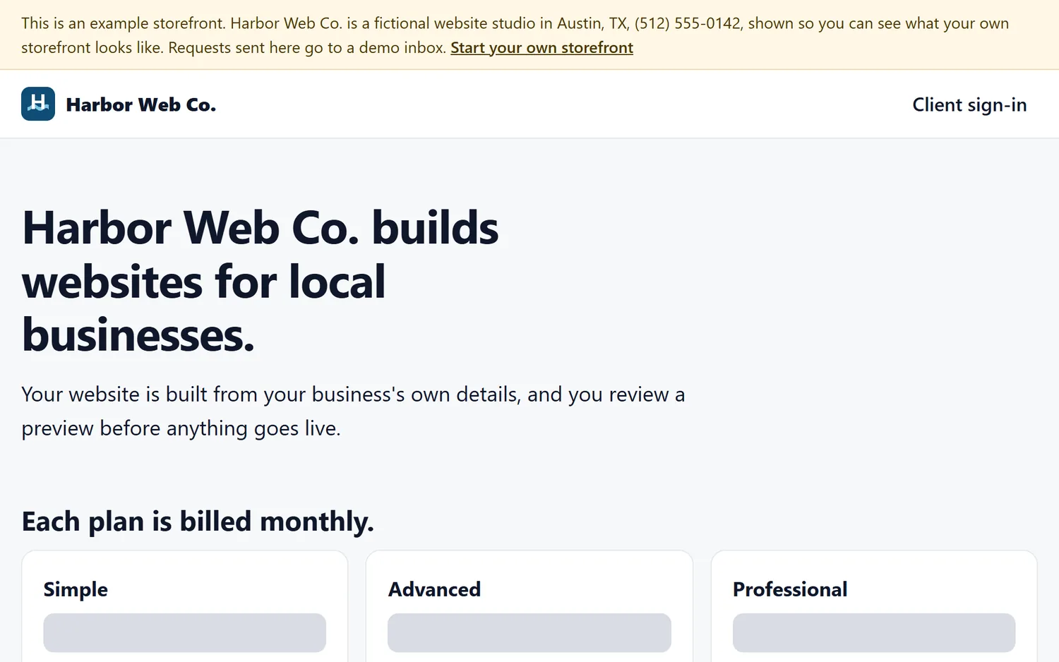 The storefront of a fictional web studio, with its own name and its plans, where the prices are covered.